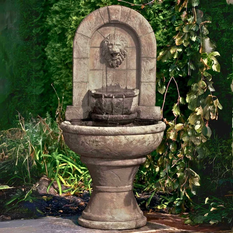Lion Finial Concrete Garden Wall Fountain - Massarellis #3567