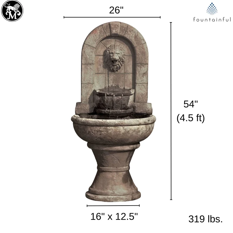 Lion Finial Concrete Garden Wall Fountain - Massarellis #3567