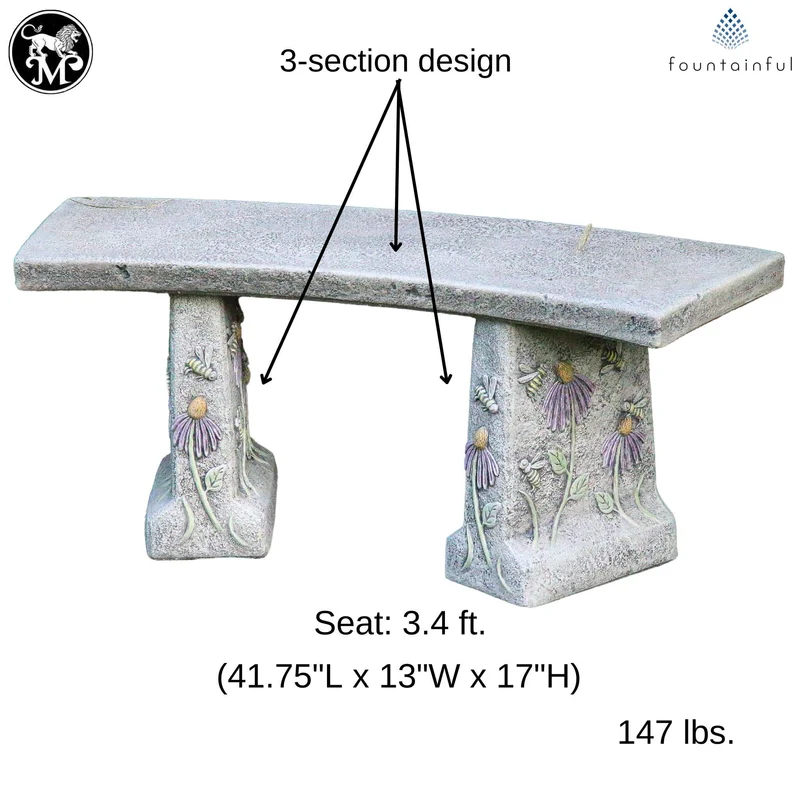 Honeybee & Flowers Concrete Garden Bench - Massarellis #4172