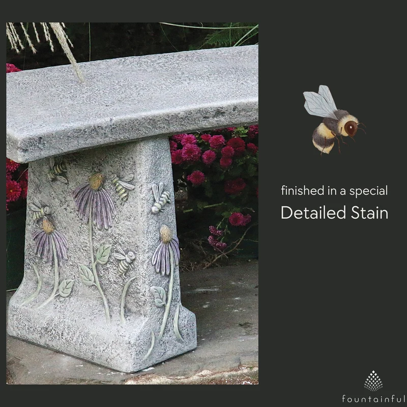 Honeybee & Flowers Concrete Garden Bench - Massarellis #4172