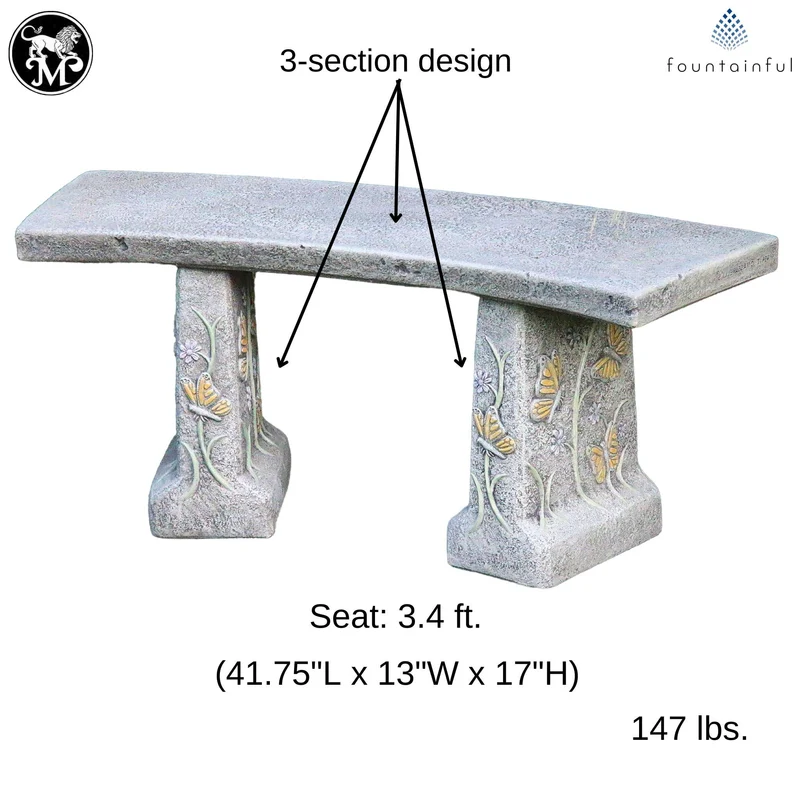 Butterfly & Flowers Concrete Garden Bench - Massarellis #4174
