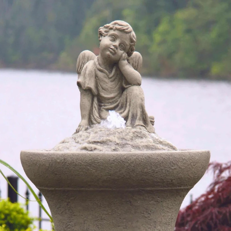 Sitting Angel Concrete Fountainette w/Lights - Massarellis #3907