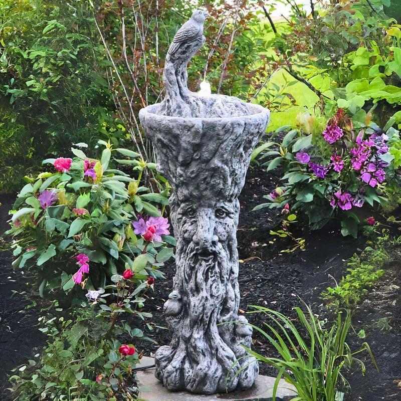 Wise Old Tree Concrete Fountainette w/ Tree Man Pedestal & Lights - Massarellis #3914