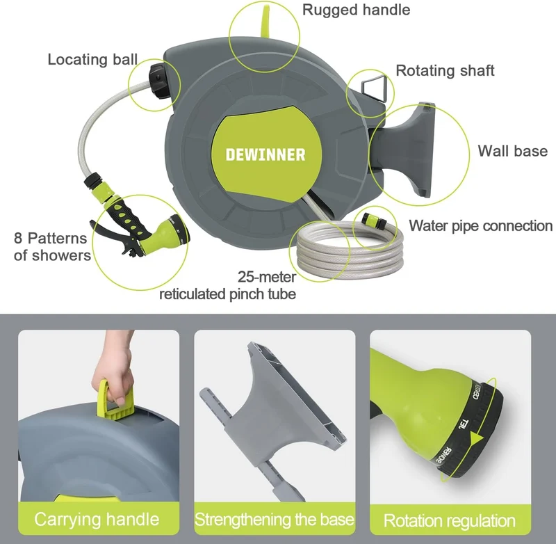 DEWINNER Garden Hose Reel 25+2M, Automatic Wall Mounted Hose Reel with Spray Nozzle, 180° Swivel, Garden Hose with Reel, 7 Functions for Watering Lawn Garden