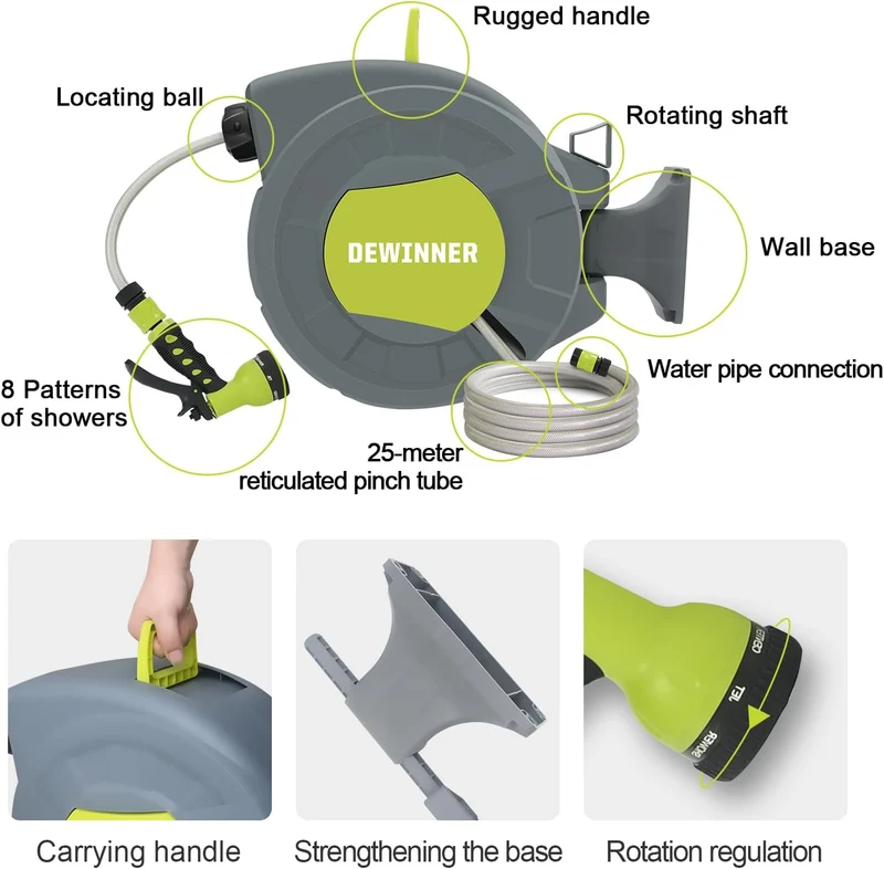 DEWINNER 30M Automatic Garden Hose Reel with Spray Nozzle, 180° Swivel, Garden Hose with Reel, 7 Functions for Watering Lawn Garden