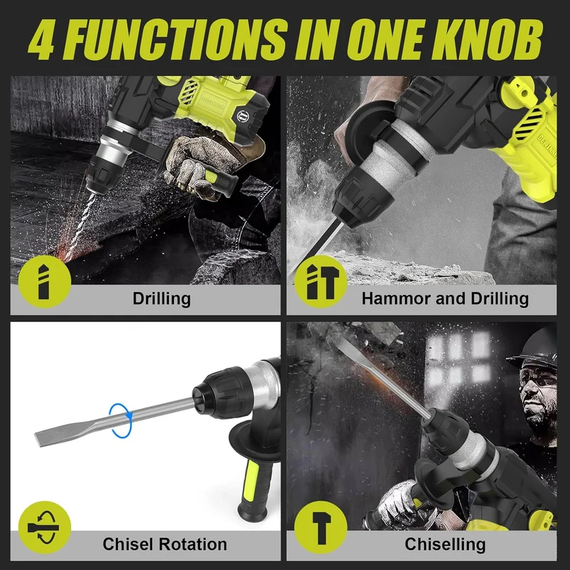 DEWINNER Hammer Drill SDS-Plus, 5.5J Demolition Hammer, 6 Speed, 850RPM, 4400BPM, Safety Clutch & Anti-Vibration Technology, 4 Functions Concrete Breaker, Steel, Wood
