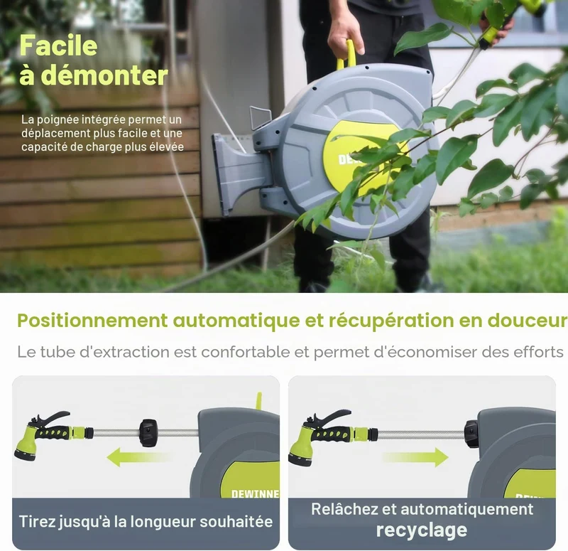 DEWINNER Wall Mounted Garden Hose Reel, 20 +2 m Automatic Wall Mounted Hose Reel with Spray Nozzle, Automatic Rewinding Bracket, Garden Hose with Reel, Outdoor Hose Watering