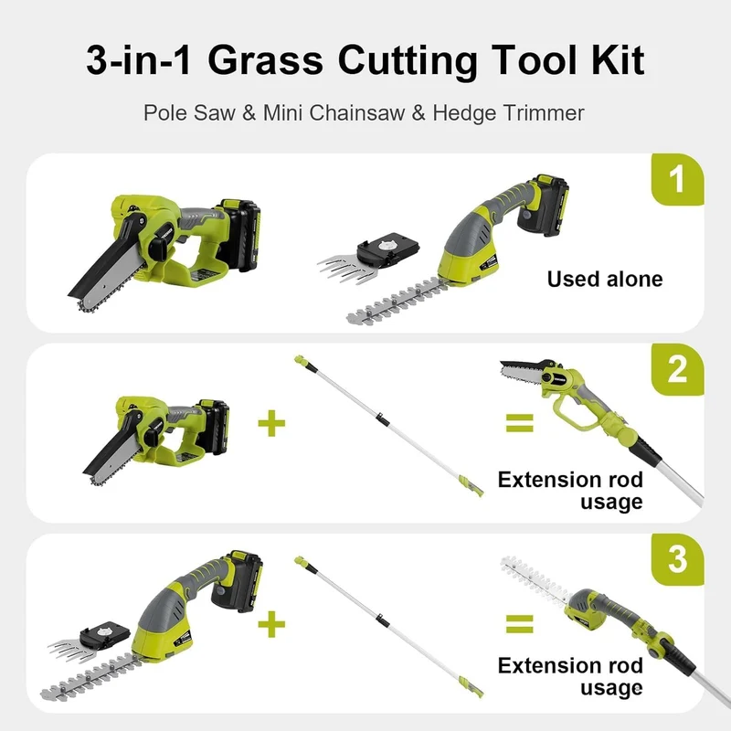 DEWINNER 3 in 1 Telescopic Hedge Trimmer - Electric Chainsaw with Safety Switch, Range up to 2.53 m, Blades 240 mm and 120 mm, Head Adjustable 135°