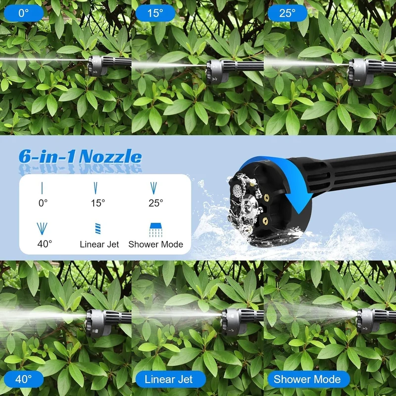 DEWINNER 25V Battery Pressure Washer, Portable High Pressure Cleaning Gun with 6-in-1 Multi-Function Nozzle, Max 610 PSI with 3000mAh Battery, for Car Washing and Watering