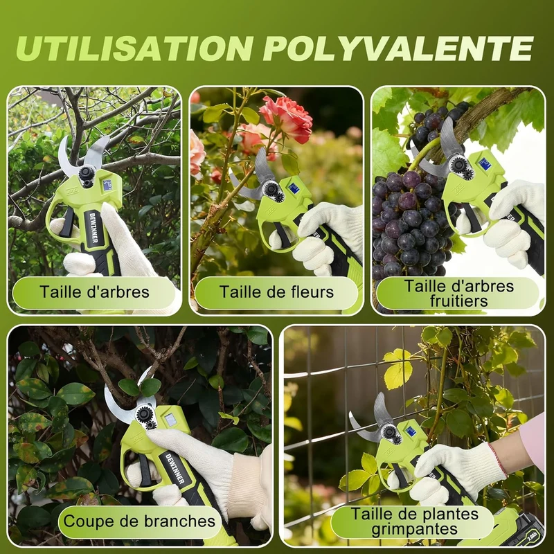 DEWINNER Brushless Electric Pruning Shears with SK5 Blade, Rechargeable Batteries & LED Screen, Adjustable Cutting Diameter 25 mm for Garden, Trees and Flowers