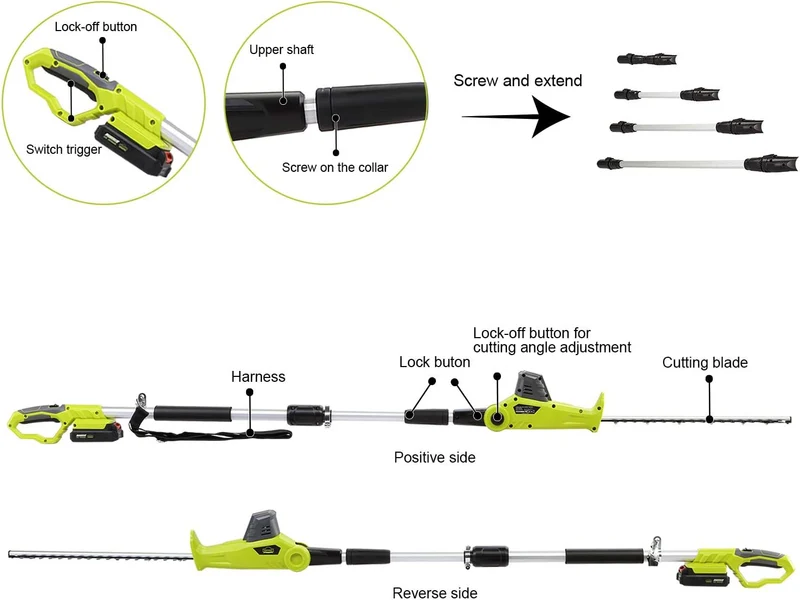 Hedge Trimmer on Telescopic Cordless Pole, DEWINNER Electric Pole 20V 2.0Ah (Length: 45cm, Capacity: 16mm), with 1 Battery Charger, Extension Pole 2.4M Cutter