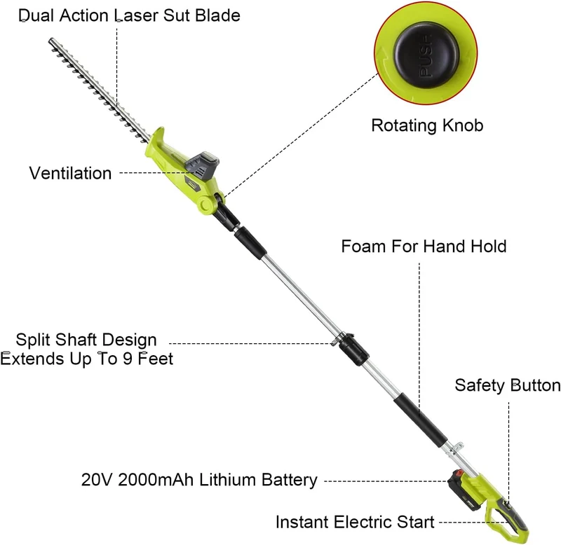 DEWINNER Cordless Telescopic Hedge Trimmer, Multifunktion Hedge Trimmer, with 2 x 20 V 2.0 Ah Batteries, Charger, Blade Length 46 cm, Cordless Electric Hedge Trimmer, for Tall Plants