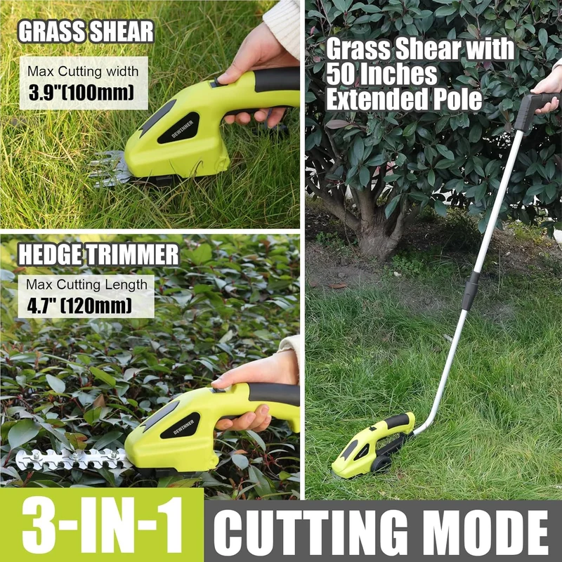 Dewinner 3-in-1 Lawn Shears, 3.6 V Battery, Lawn Shears with 2 Blades, Garden Shears for Cutting Hedges, Lawns, Cutting Width/Length 10 cm/15 cm, Includes Charger