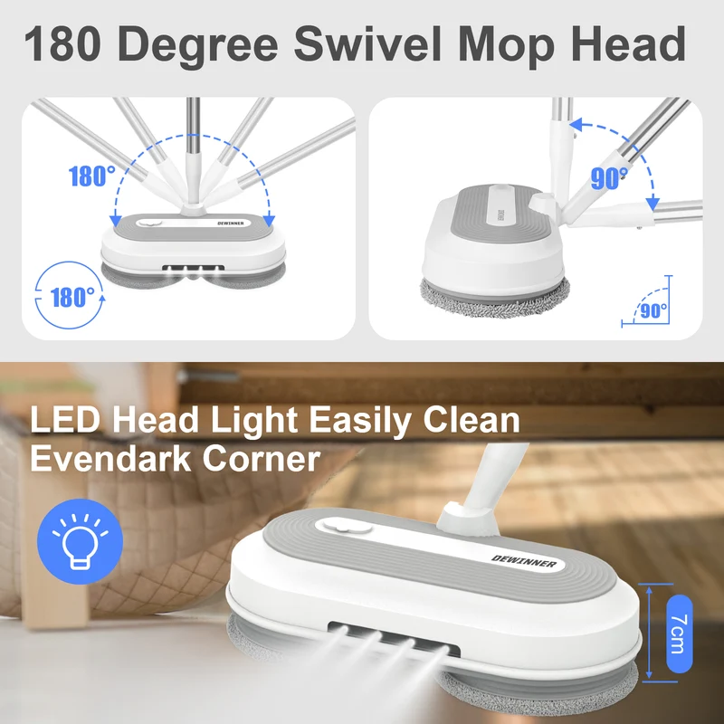 DEWINNER Cordless Electric Mop with 2.0 Ah Battery and Charger,Dual Spin Floor Polisher with 300ML Water Tank & Headlight, 120 L/H Compact Cleaner Kit for Cleaning and Washing