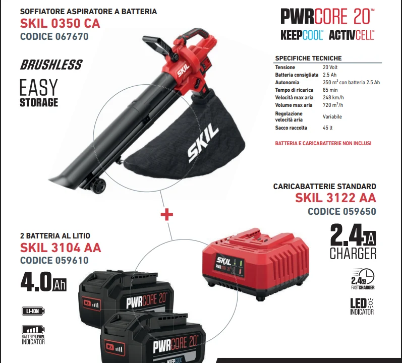 Promo Skil Aspiratore Soffiatore 0350 CA + 2 Batterie 4 Ah + Caricabatterie Cod. 068250