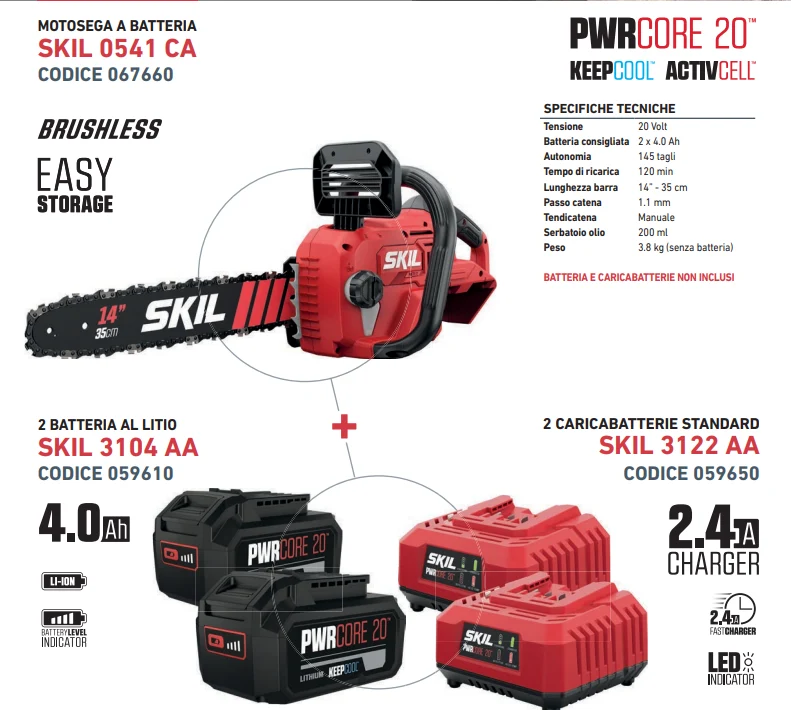 Promo Skil Motosega 0541 CA + 2 Batterie 4 Ah + 2 Caricabatterie Cod. 067660