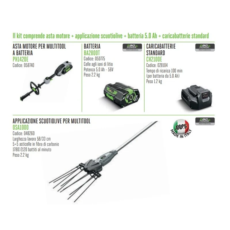 PROMO Kit EGO Power MOS1020E-K1502 Asta Motore + Applicazione Scuotiolive + Batteria 5.0 Ah + Caricabatterie Standard