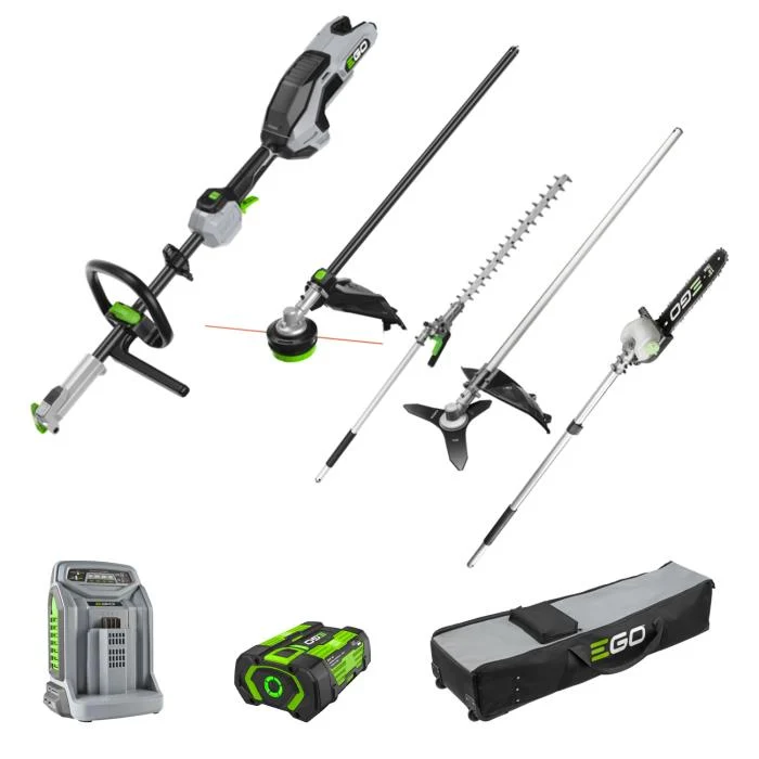 PROMO Kit EGO 1 ASTA MOTORE +1 App. Decespugliatore testina +1 App.Decespugliatore Disco +1 App. Tagliasiepi+1 App.Potatore +2 batterie 5.0 Ah+1Caricabatteria+OMAGGIO Sacca Porta Attrezzi
