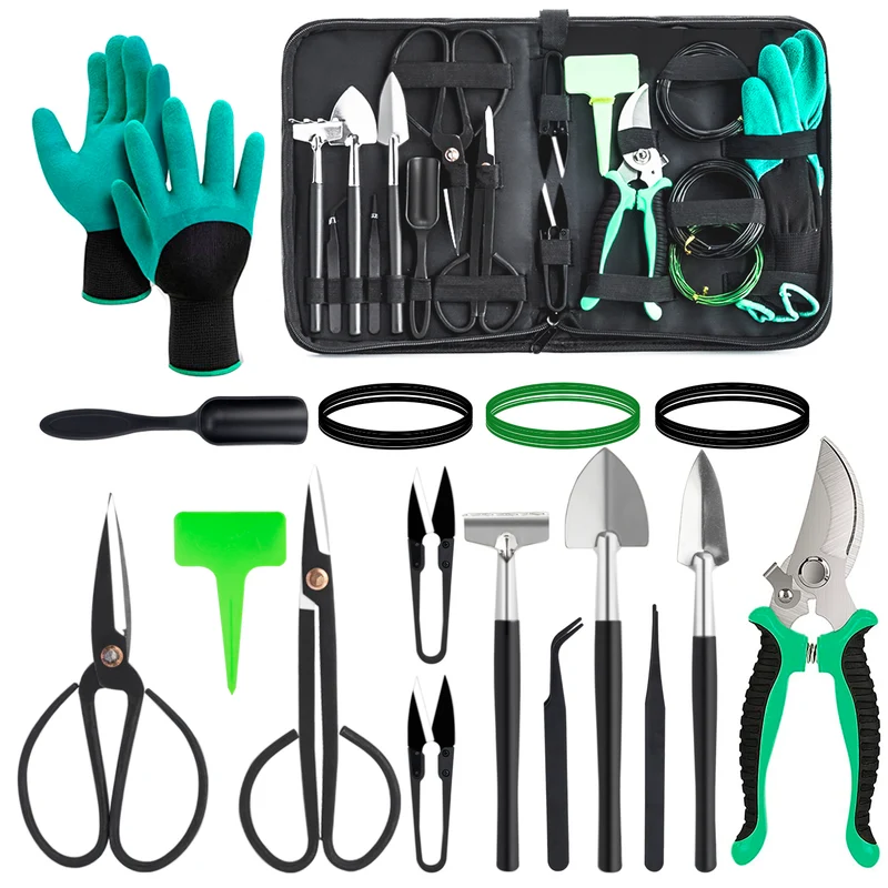 DEWINNER Bonsai Tools,22-Piece Gardening Tools Set, Bonsai Scissors, Bonsai Wire, Tweezers, Gardening Gloves - Bonsai Starter Tools Set for Bonsai Beginners