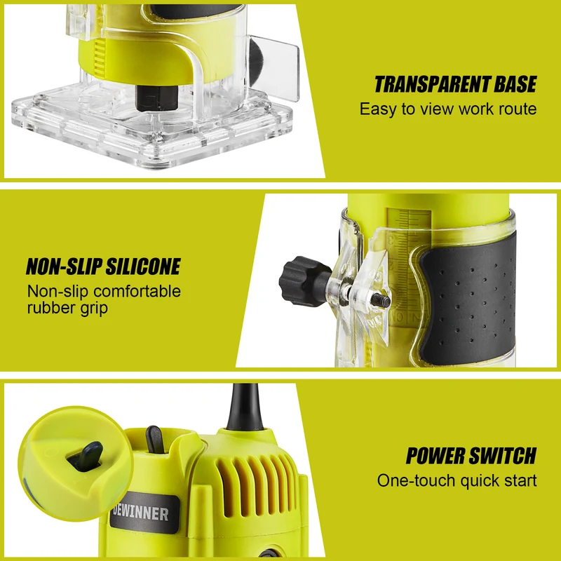 Electric Hand Palm Router, DEWINNER Trimmer Laminate Wood Working Joiners Tool, Compact Router with Trimmer Base, 3 Guide,2 Collets 1/4"(6.35mm) and 3/8"