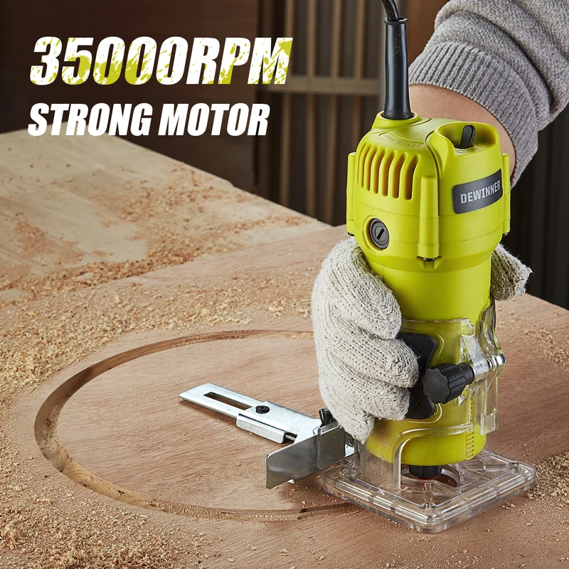 Electric Hand Palm Router, DEWINNER Trimmer Laminate Wood Working Joiners Tool, Compact Router with Trimmer Base, 3 Guide,2 Collets 1/4"(6.35mm) and 3/8"