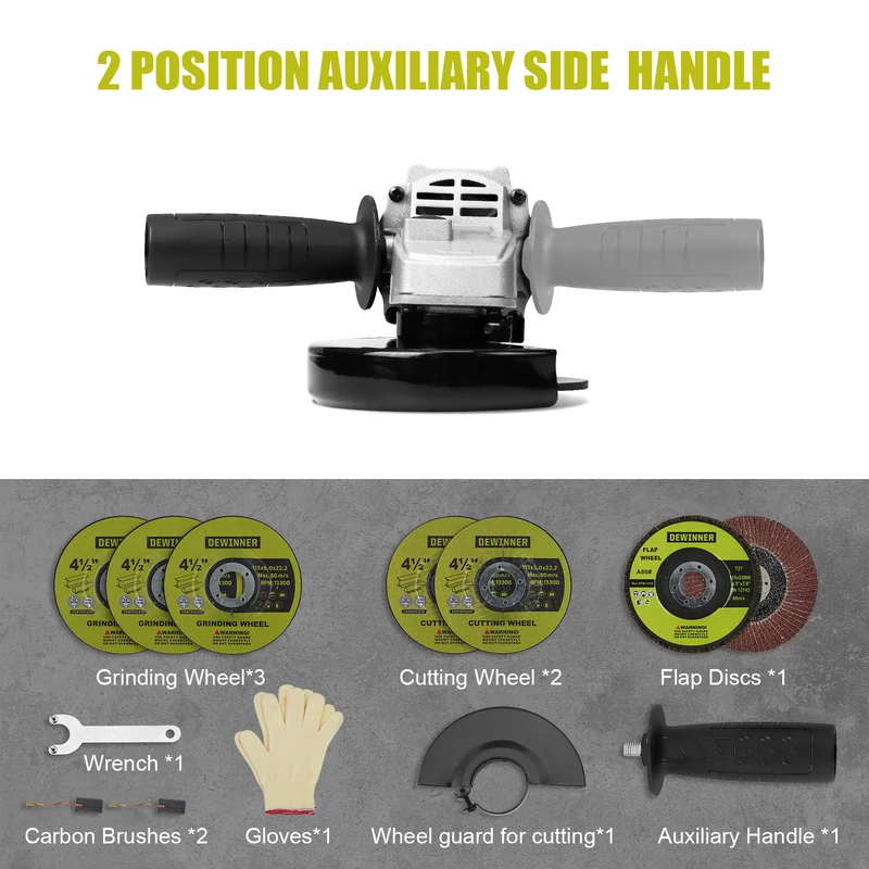 DEWINNER Angle Grinder 850W,Angle Grinder 220-240 V, 6 Angle Grinding Cutting Discs,115mm, Protective Cover, with Extra Handle Grinding Cutting Tool