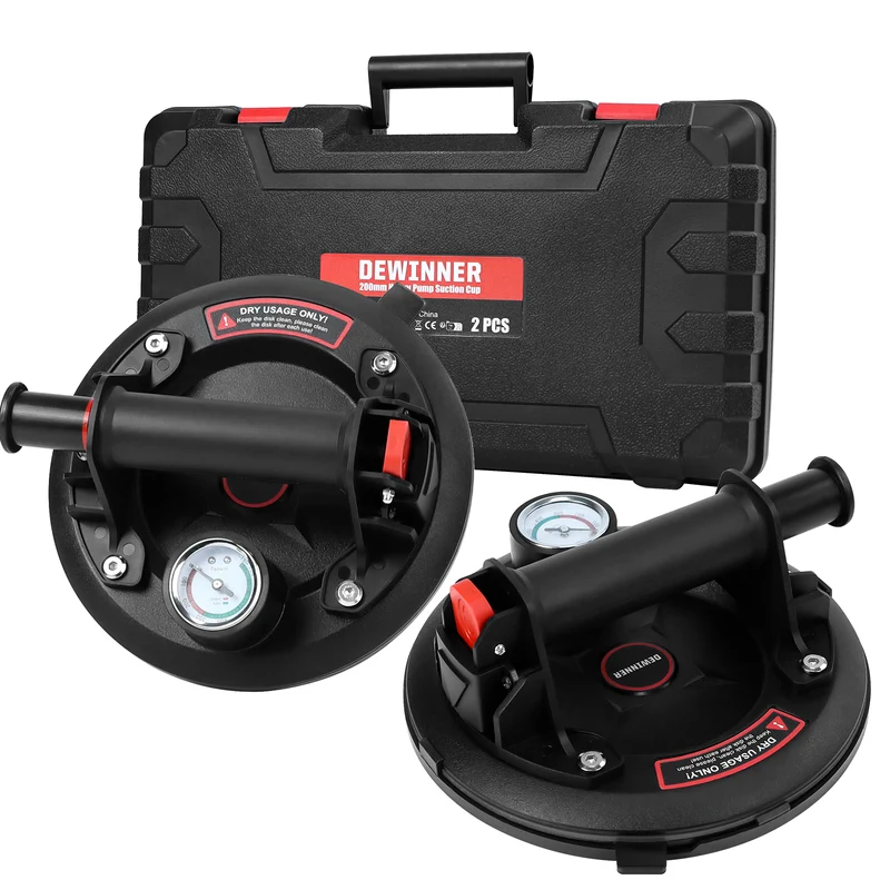 DEWINNER 2PCS Suction Cups, 8 Inch Glass Suckers Heavy Duty Vacuum Lifter with Pressure Gauge and Handle for Tile Granite Lifting&Window Glass Lifting Replacement, 330lbs Load Capacity
