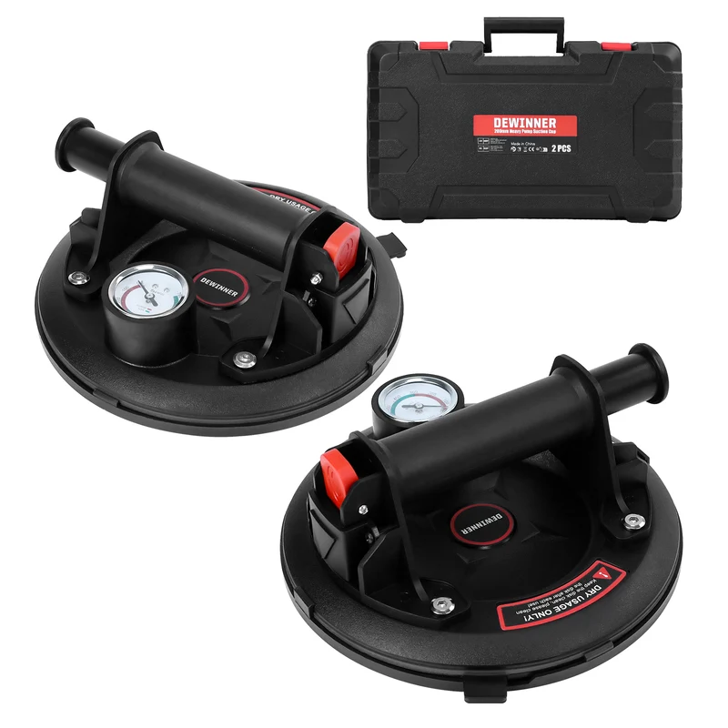 DEWINNER 2PCS Suction Cups, 8 Inch Glass Suckers Heavy Duty Vacuum Lifter with Pressure Gauge and Handle for Tile Granite Lifting&Window Glass Lifting Replacement, 330lbs Load Capacity
