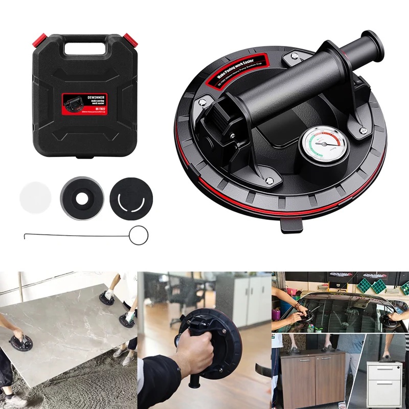 DEWINNER Electric Vacuum Suction Cup, Max 480lbs Load Capacity, 8 Inch Battery Powered Electric Vacuum Lifting Suction Glass Lifters, Hand-held Vacuum Lifter with Pressure Gauge for Glass, Granite, Drywall