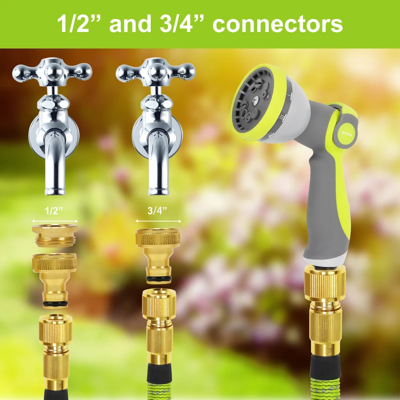 Expandable Garden Hose Pipe, Upgraded 3-Layer Latex No-Kink Flexible Water Hose, 3/4"&1/2" Solid Brass Connectors, 10 Function Spray Nozzle (100ft/50ft)