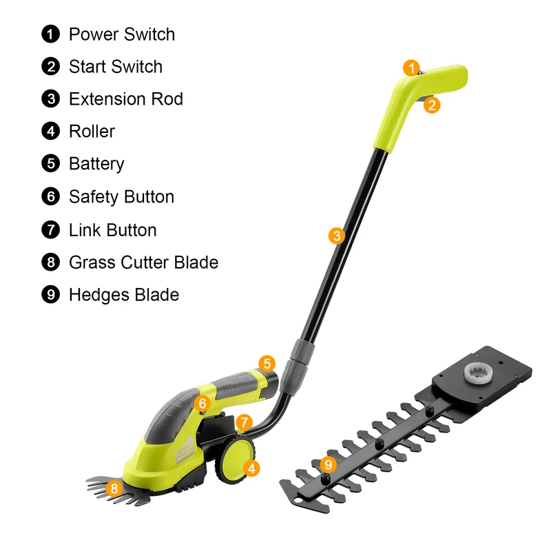 DEWINNER 2in1 Grass Shear & Hedge Trimmer with 7.2V Rechargeable Lithium-Ion Battery, Edging and Shrub Shear, 2 Interchangeable Blades, Lightweight, Garden Cutting Edge Trimmer, Pruner - Handheld