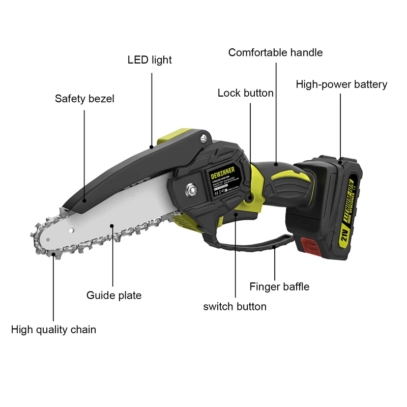 Mini Chainsaw 6-Inch with 2 Battery,DEWINNER Cordless Power Chain saws with Security Lock, Handheld Small Chainsaw for Wood Cutting Tree Trimming