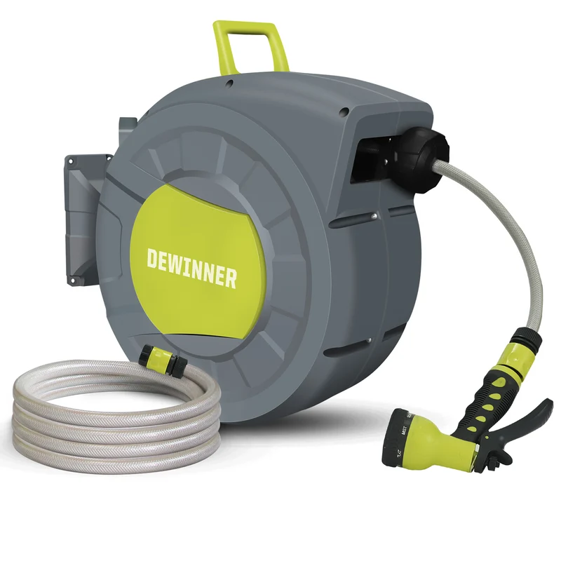 DEWINNER Garden Hose Reel, Auto Rewind Wall-Mounted Reel, Hose Locking Mechanism, 180° Swivel Pivot , 25M Hose Pipe+2M Tap Connect Hose for Outdoor Watering