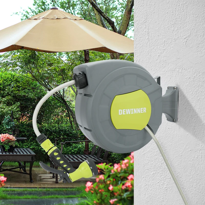 DEWINNER Garden Hose Reel, Auto Rewind Wall-Mounted Reel, Hose Locking Mechanism, 180° Swivel Pivot , 25M Hose Pipe+2M Tap Connect Hose for Outdoor Watering
