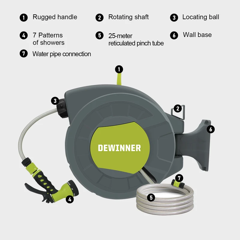 DEWINNER Garden Hose Reel, Auto Rewind Wall-Mounted Reel, Hose Locking Mechanism, 180° Swivel Pivot , 25M Hose Pipe+2M Tap Connect Hose for Outdoor Watering