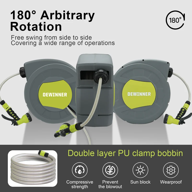 DEWINNER Garden Hose Reel, Auto Rewind Wall-Mounted Reel, Hose Locking Mechanism, 180° Swivel Pivot , 25M Hose Pipe+2M Tap Connect Hose for Outdoor Watering