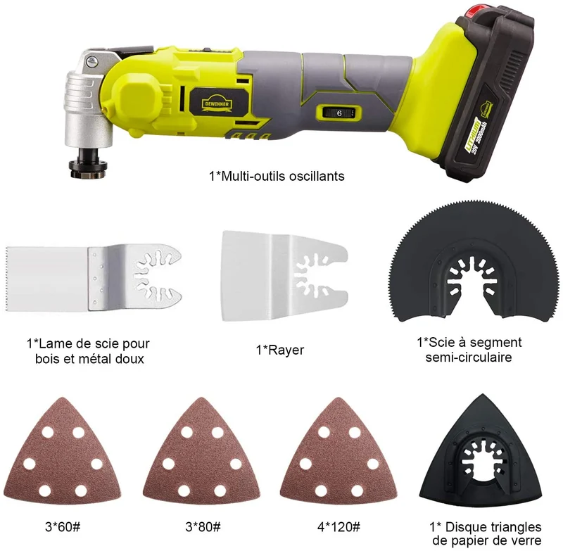DEWINNER Cordless Oscillating Multi-Tool LED Variable Speed Universal Fit, 20V 2Ah Lithium-Ion with 1 Battery and Charger,
