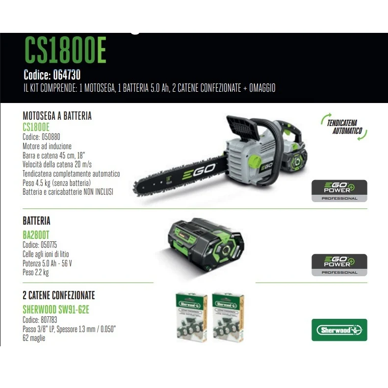 PROMO EGO Power CS1800E Kit Motosega a Batteria 45cm + Batteria 5 Ah + 2 Catene Sherwood + OMAGGIO Sacca Porta Motosega