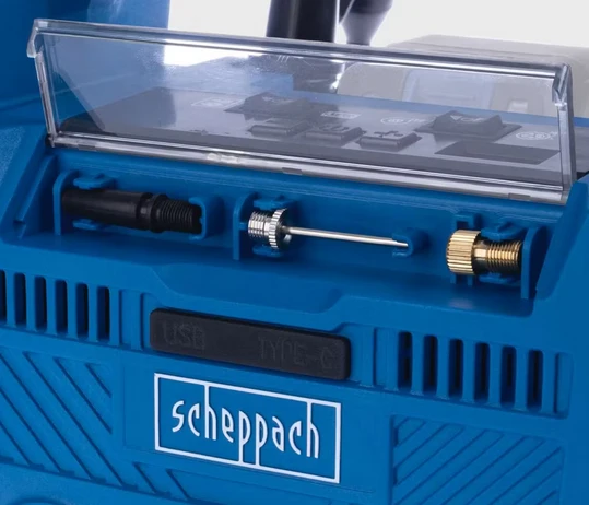 Scheppach air force 6 Compressore compatto mobile 10.3 bar , Funziona a 220V oppure Batteria o presa Auto 12V , con faro Led , solo corpo