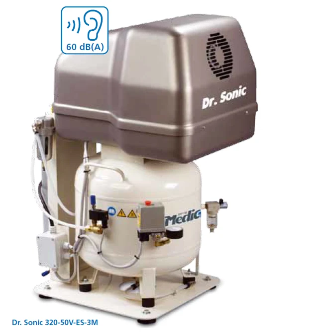 Medicair Dr.Sonic 320-50V-ES-3M compressore senza olio con essiccatore per laboratori dentistici e odontotecnici , 50 litri 220V 8 Bar