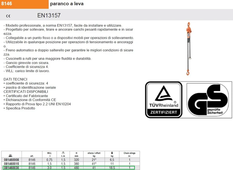 Beta 8146 081460030 Paranco a leva Manuale 3000 Kg EN13157