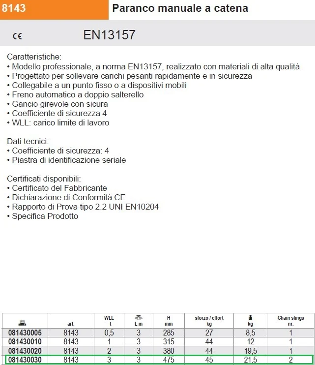 Beta 8143 081430030 Paranco manuale a catena 3000 Kg EN13157
