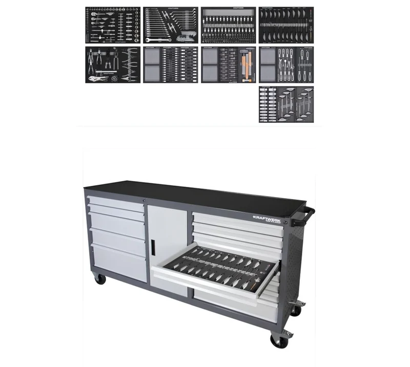 Kraftwerk Basic Line EXTRA LARGO , Carrello con ruote Portautensili Cassettiera da officina completo con 377 utensili