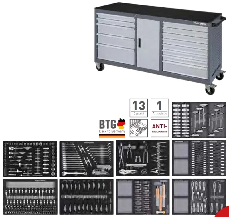 Kraftwerk Basic Line EXTRA LARGO , Carrello con ruote Portautensili Cassettiera da officina completo con 377 utensili