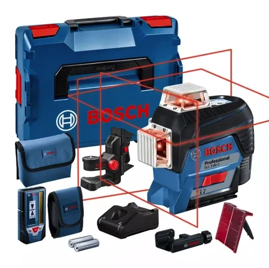 Bosch GLL 3-80 C Professional - Livella laser a linee a 360° - 1 x 12V + Valigetta + Mirino + Ricevitore