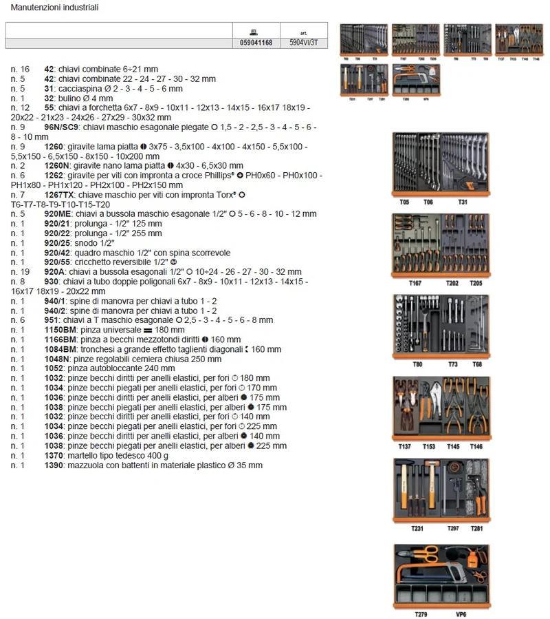 Beta 5904VI3T Assortimento di 144 utensili per manutenzioni industriali in termoformato rigido in ABS