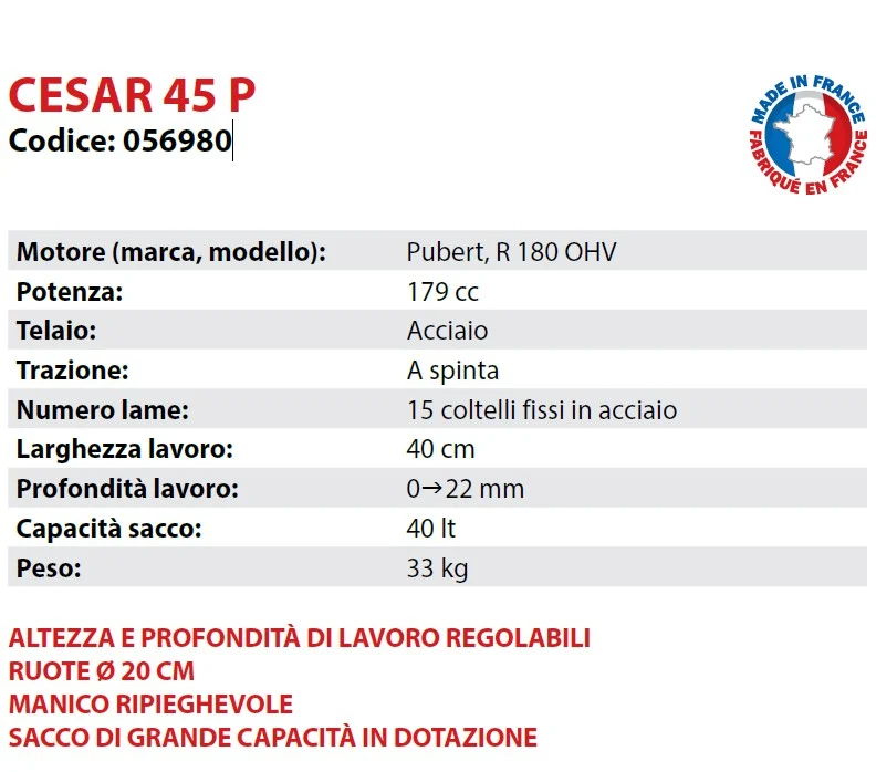 Arieggiatiore a scoppio Pubert CESAR 45 P 056980 Largh.Lavoro 40 cm