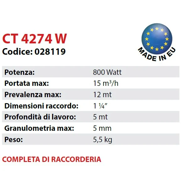 Elettropompa sommersa ELPUMPS CT 4274 W 800W portata 15 m3/h