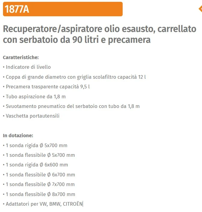Beta 1877A - Recuperatore/aspiratore olio esausto, carrellato con serbatoio da 9