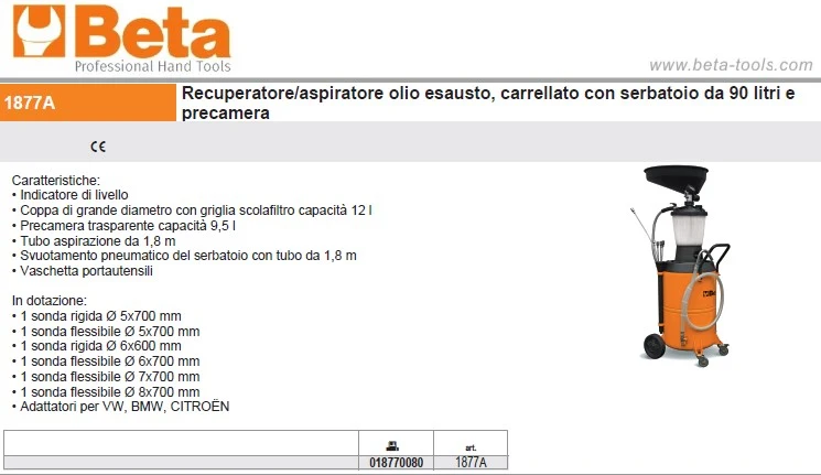 Beta 1877A - Recuperatore/aspiratore olio esausto, carrellato con serbatoio da 9